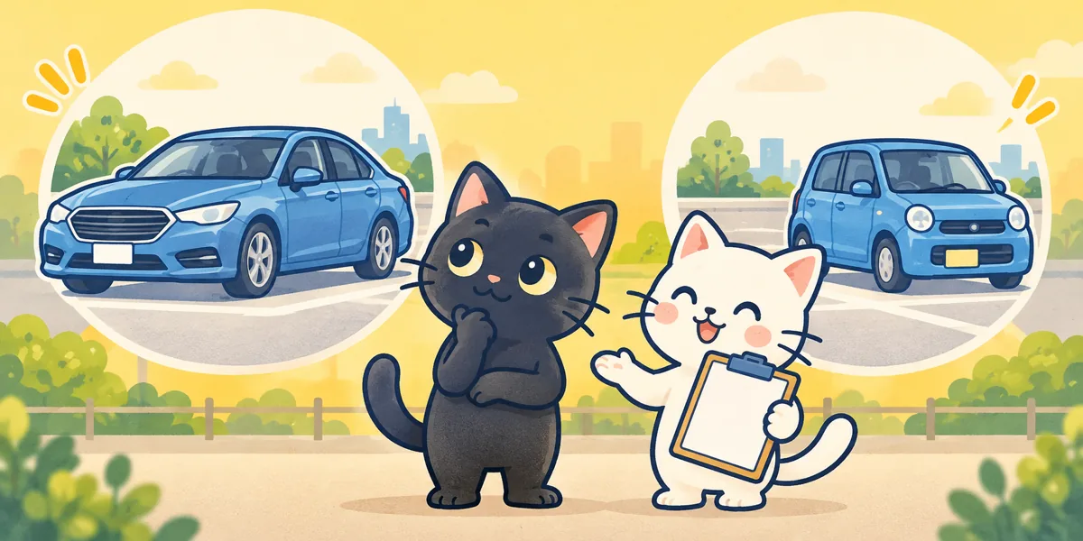 車庫証明が必要な場合・不要な場合をテーマにした黒猫と白猫のイラスト