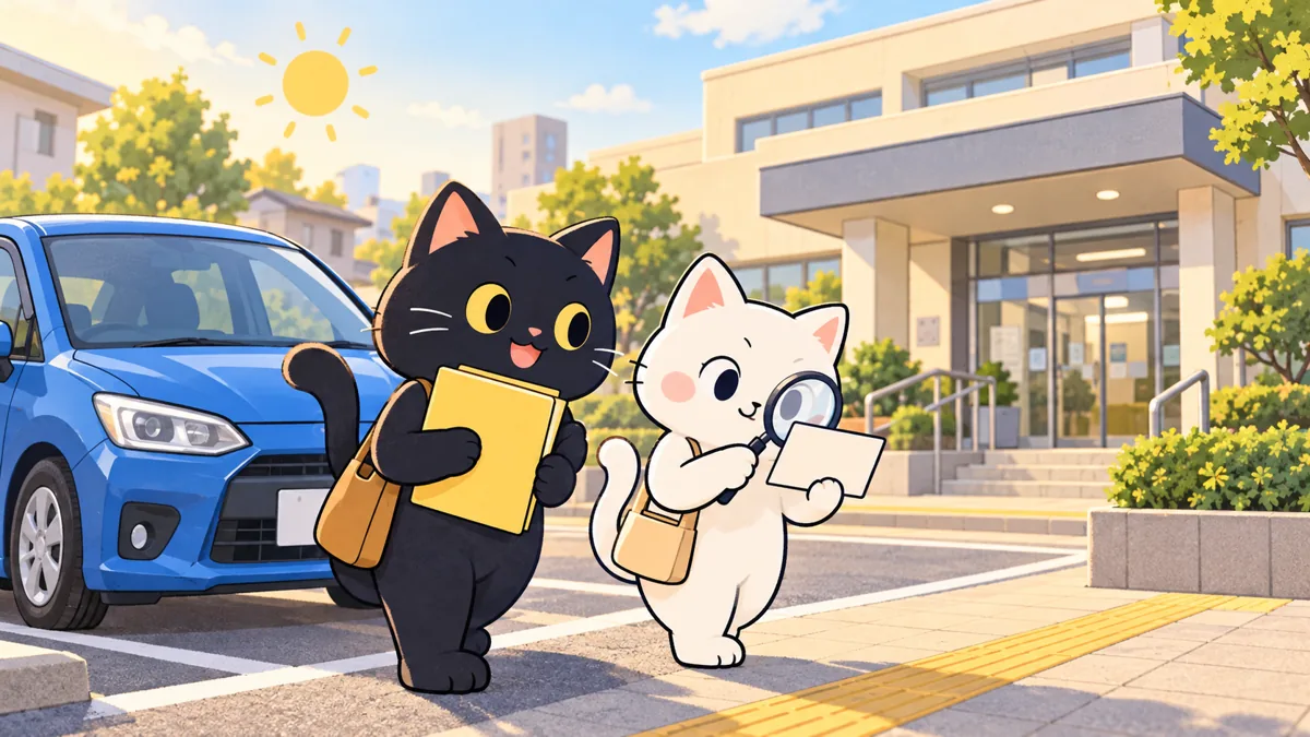 浜松東警察署の車庫証明をテーマにした黒猫と白猫のイラスト