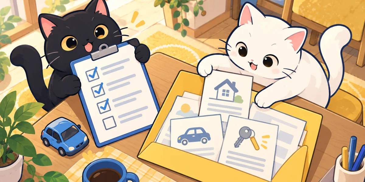 車庫証明の必要書類チェックリストをテーマにした黒猫と白猫のイラスト