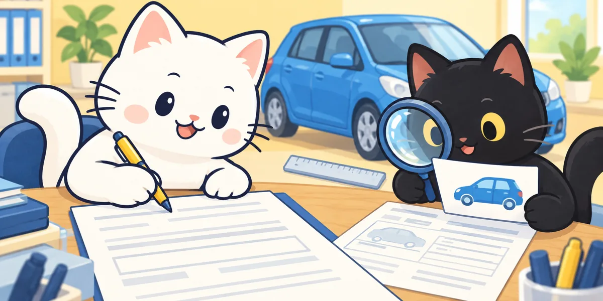 車庫証明申請書の書き方をテーマにした黒猫と白猫のイラスト