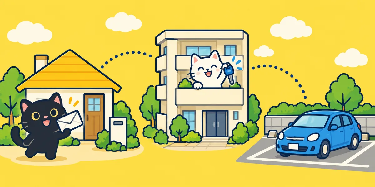 車庫証明の「使用の本拠」と住所が違うときをテーマにした黒猫と白猫のイラスト