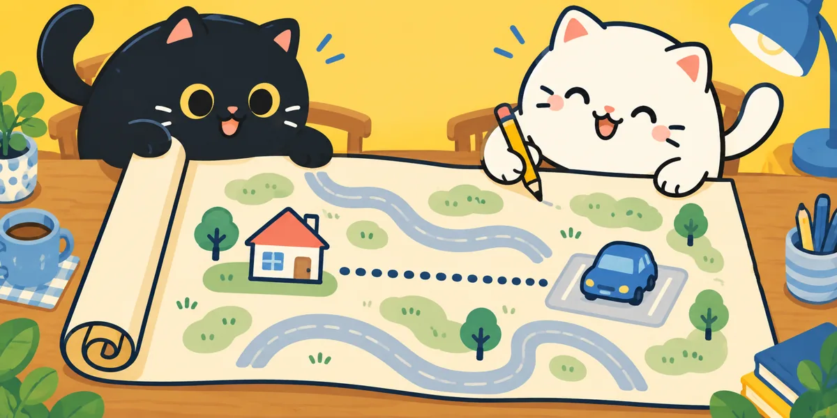 車庫証明の所在図の書き方をテーマにした黒猫と白猫のイラスト