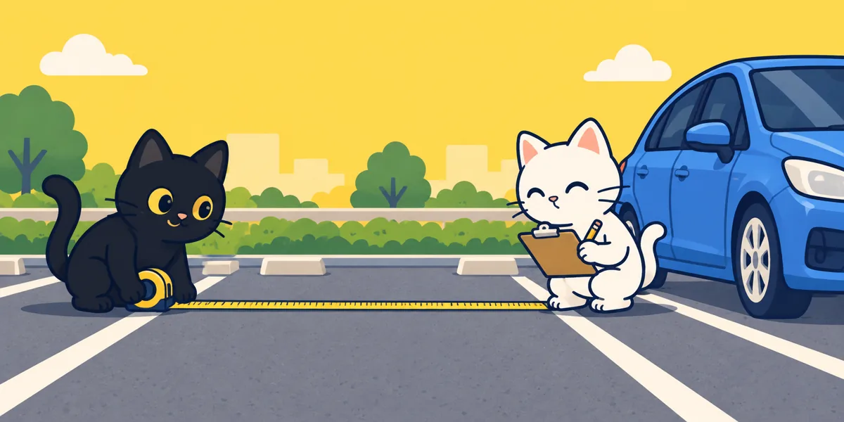 車庫証明の配置図の書き方をテーマにした黒猫と白猫のイラスト
