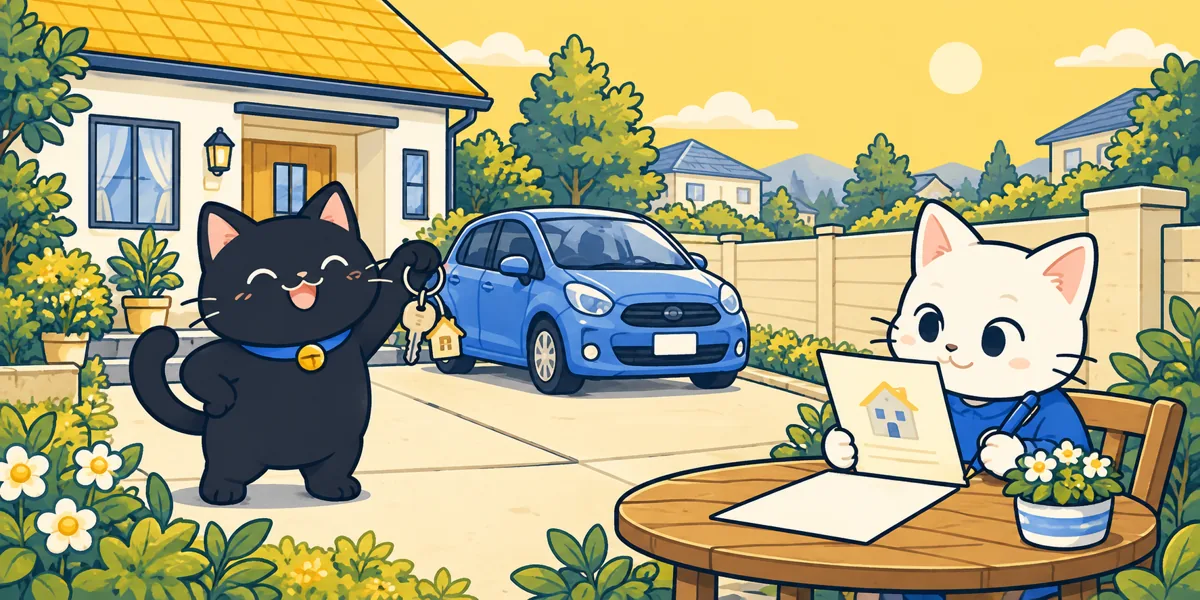 車庫証明の自認書の書き方をテーマにした黒猫と白猫のイラスト