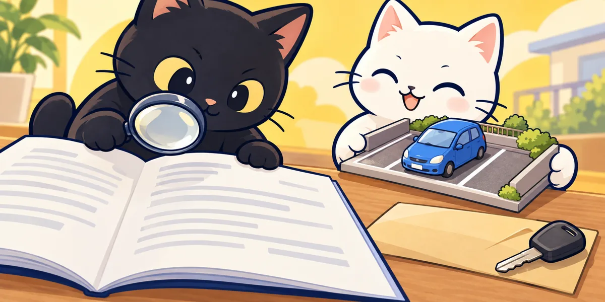 車庫証明は駐車場の賃貸借契約書で代用できる?確認したい内容をテーマにした黒猫と白猫のイラスト