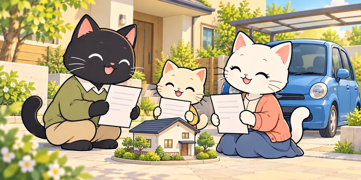 家族名義・共有の土地で車庫証明を取るにはをテーマにした黒猫と白猫のイラスト