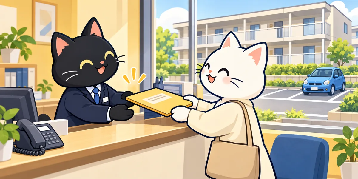 マンション・月極駐車場の車庫証明をテーマにした黒猫と白猫のイラスト