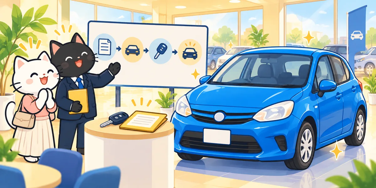 新車購入の車庫証明はいつ取る？納車までに販売店と確認することをテーマにした黒猫と白猫のイラスト