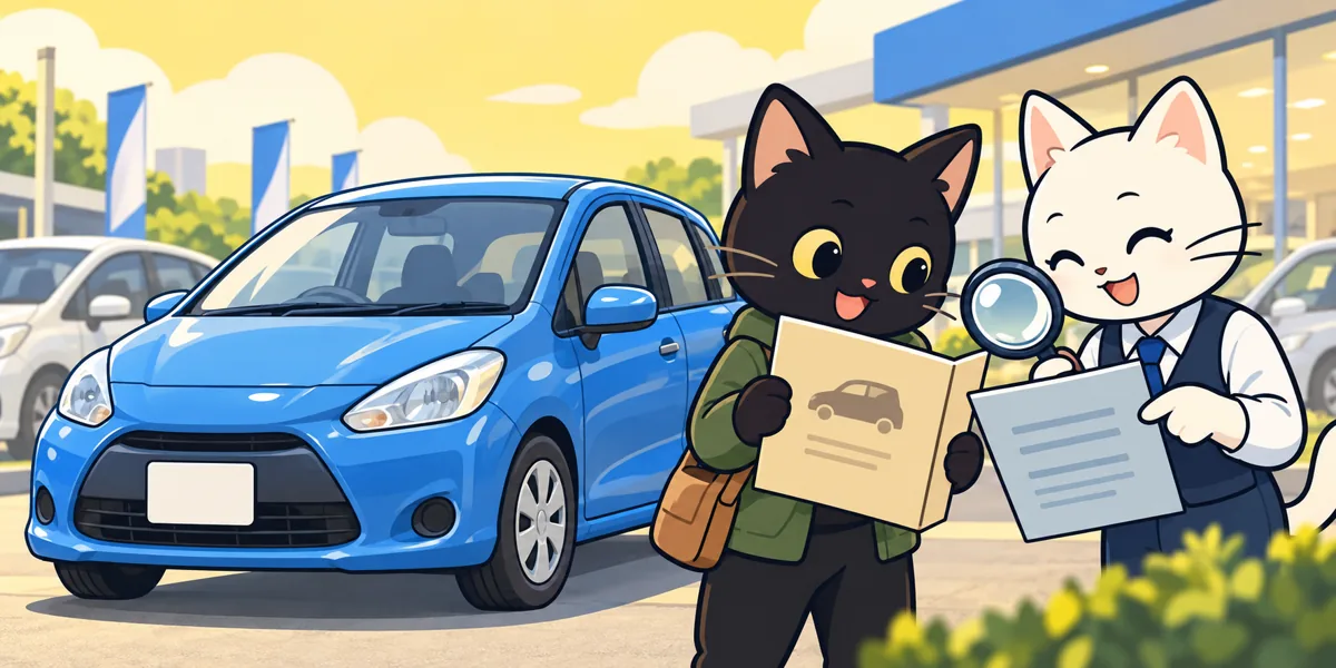 中古車購入の車庫証明をテーマにした黒猫と白猫のイラスト
