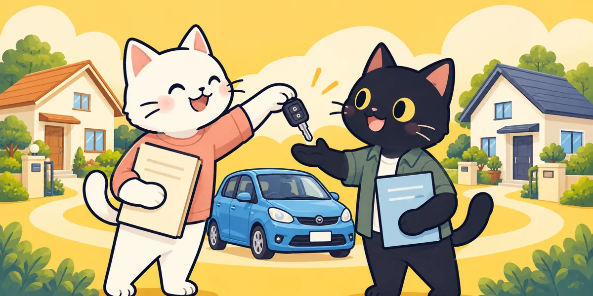 個人売買・家族への譲渡で車庫証明は必要?名義変更の確認順をテーマにした黒猫と白猫のイラスト
