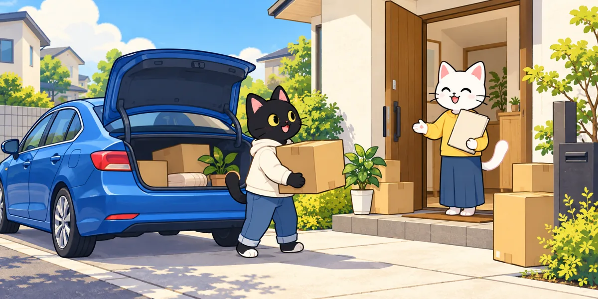 引越し後の普通車の車庫証明をテーマにした黒猫と白猫のイラスト