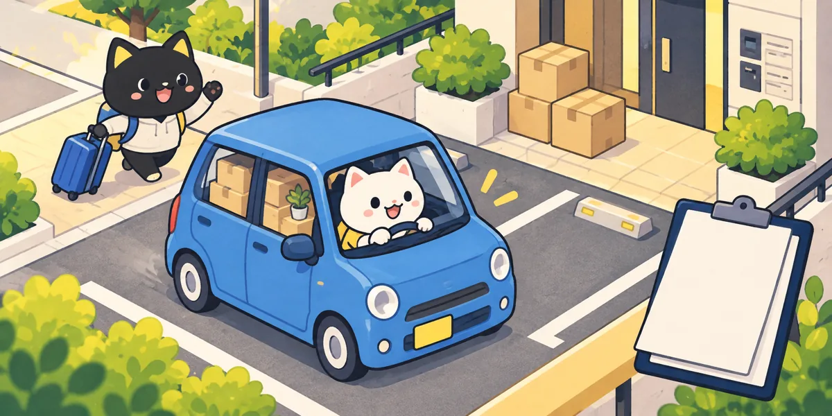 軽自動車で引越しをしたら？車検証の住所変更と保管場所届出をテーマにした黒猫と白猫のイラスト