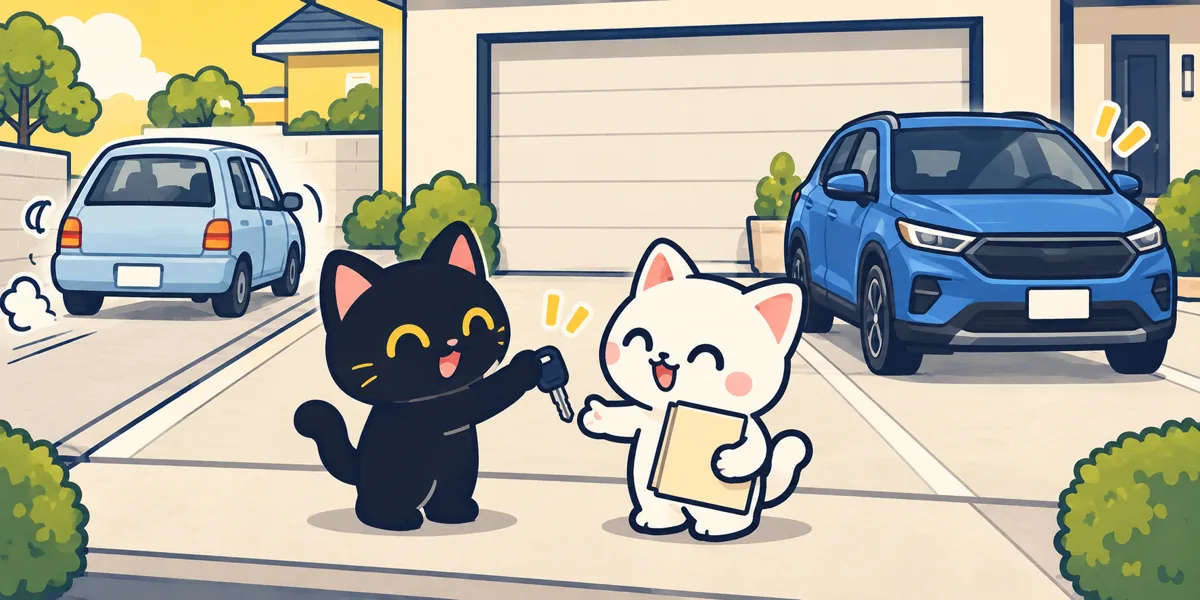 車の買替えで同じ駐車場を使う場合をテーマにした黒猫と白猫のイラスト