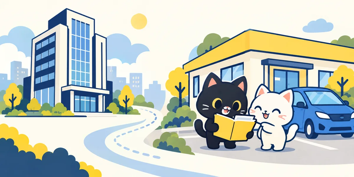 法人・営業所の車庫証明をテーマにした黒猫と白猫のイラスト