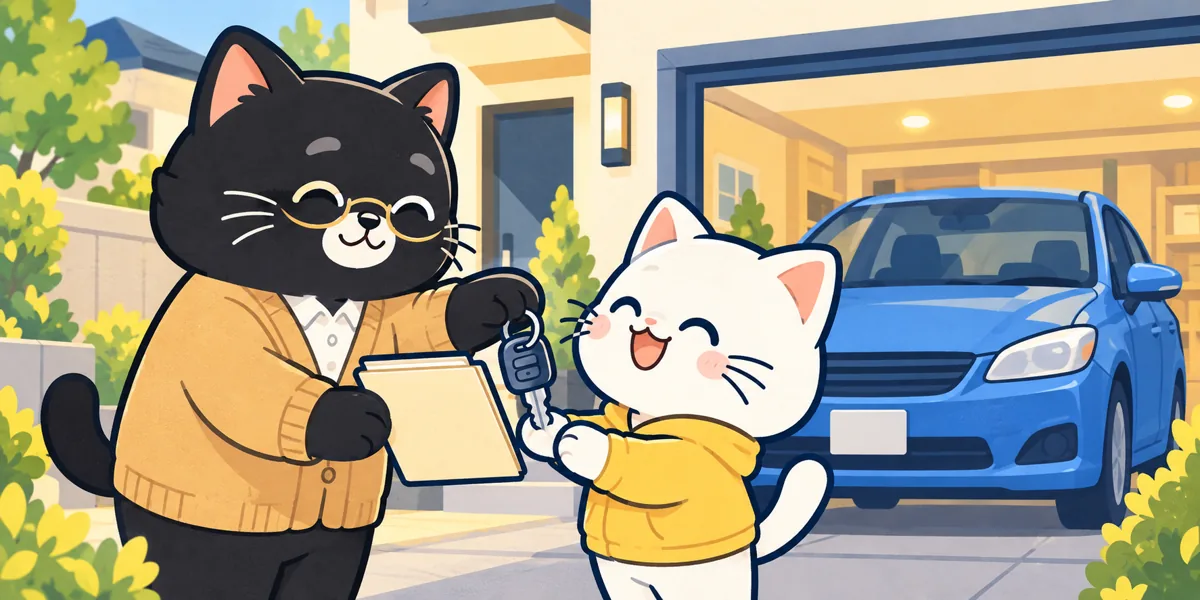 相続した車の車庫証明をテーマにした黒猫と白猫のイラスト