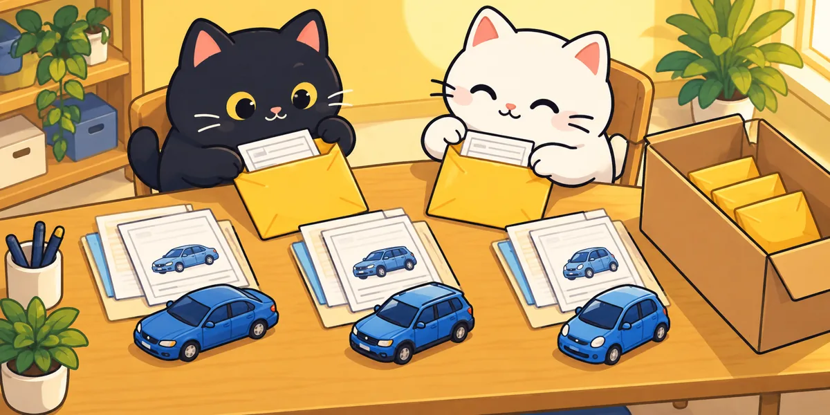 販売店の車庫証明を複数台依頼をテーマにした黒猫と白猫のイラスト