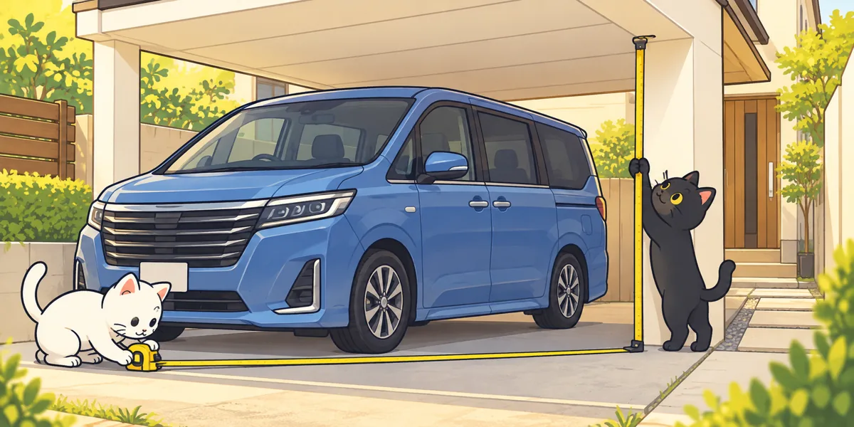 車庫証明の駐車場サイズは足りる?大型車・狭い道路の確認ポイントをテーマにした黒猫と白猫のイラスト