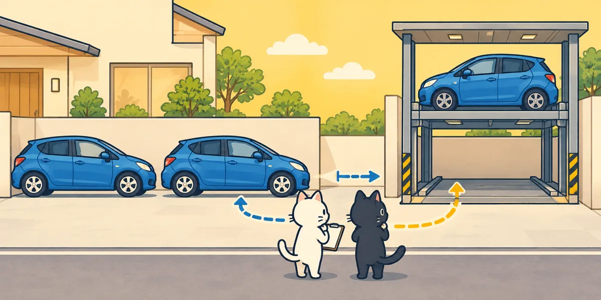 縦列駐車・複数台・機械式駐車場の車庫証明はどう確認する?をテーマにした黒猫と白猫のイラスト