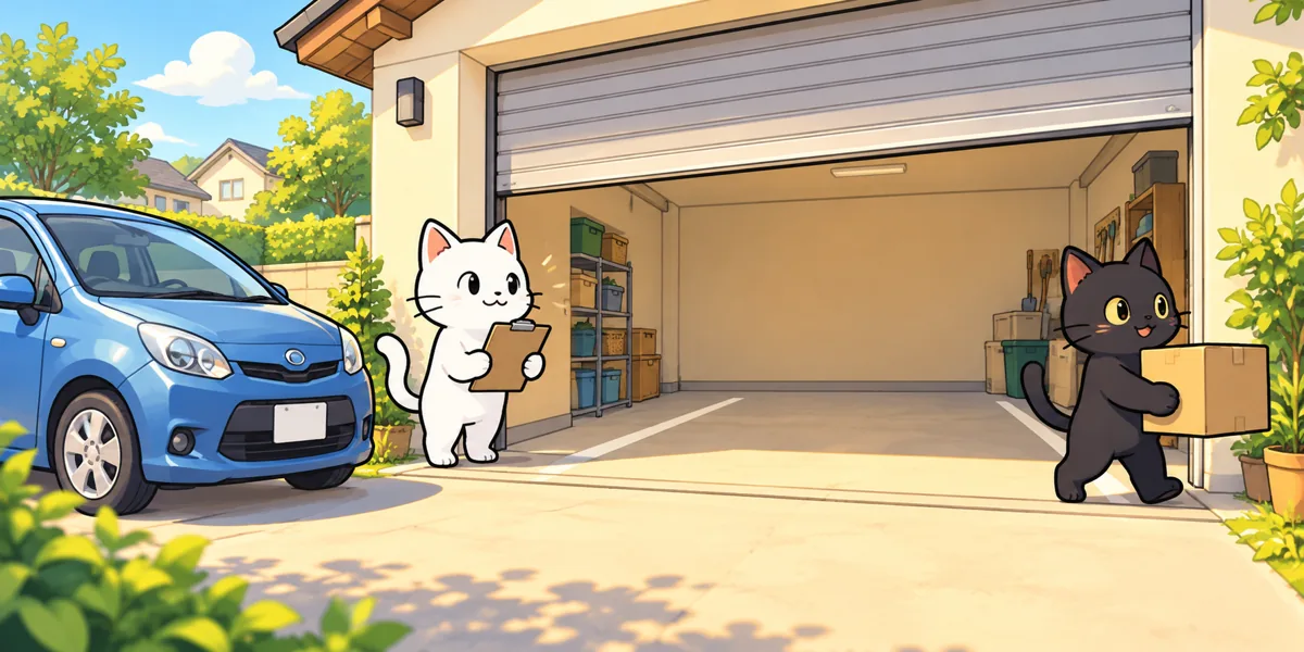 車庫証明の現地調査は何を見る？シャッター付き車庫の準備をテーマにした黒猫と白猫のイラスト