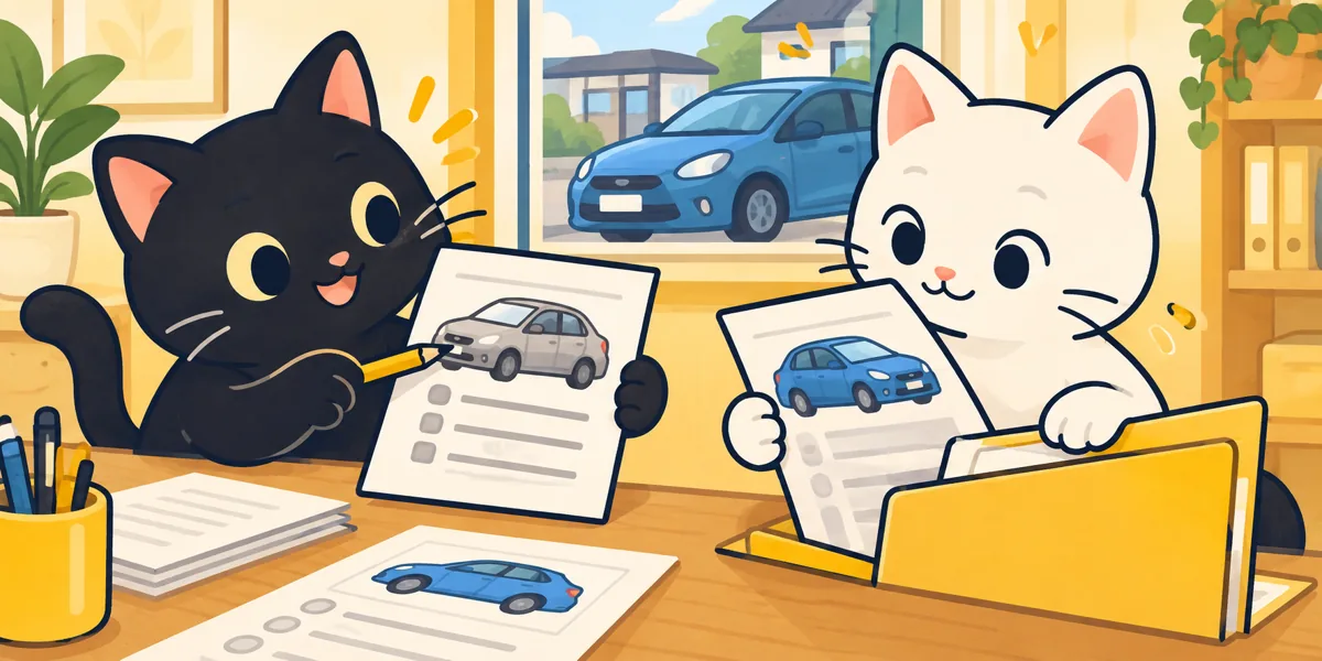 車庫証明の書類に不備があったら？補正の進め方と再発防止をテーマにした黒猫と白猫のイラスト