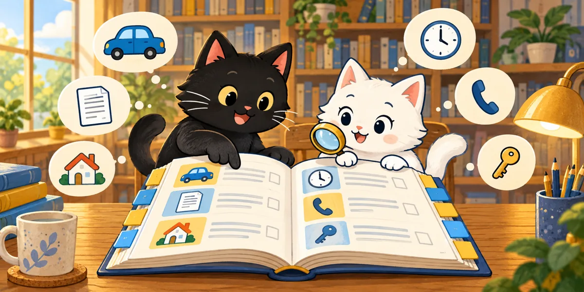 車庫証明の困りごとから探す50記事案内をテーマにした黒猫と白猫のイラスト