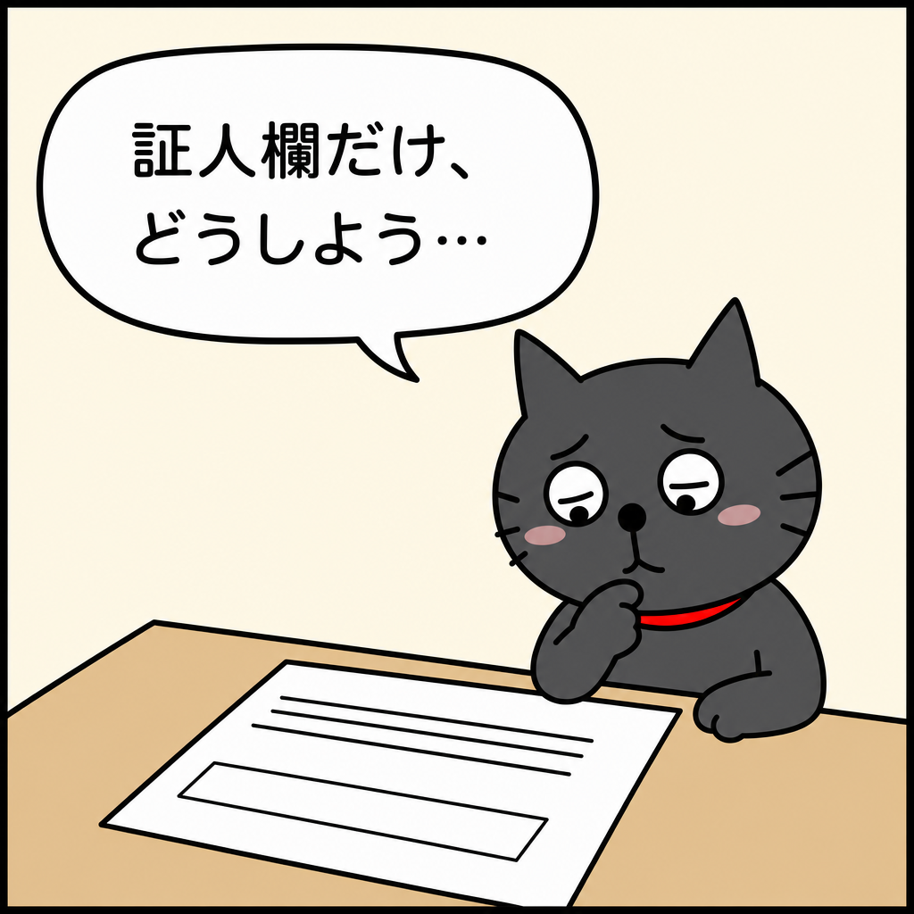 「証人欄だけ、どうしよう…」と、空欄の証人欄がある届書を見つめて困る黒猫
