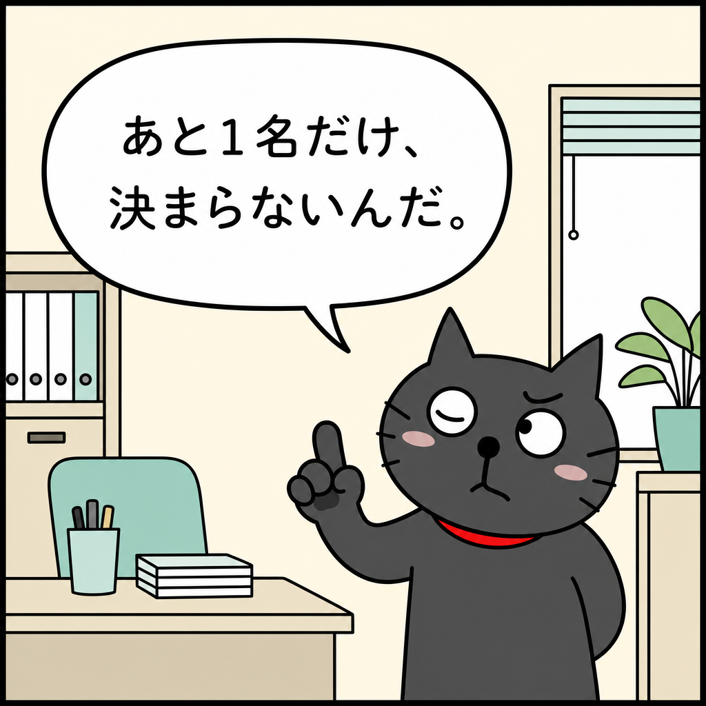 「あと1名だけ、決まらないんだ。」と、残る一つの証人欄を前足で数えて困る黒猫
