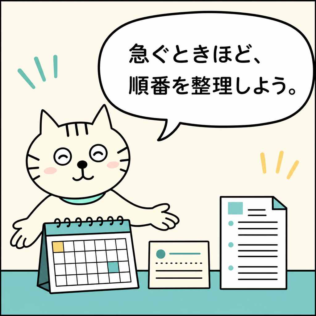 「急ぐときほど、順番を整理しよう。」と、予定表と予約カードと届書を並べる白猫