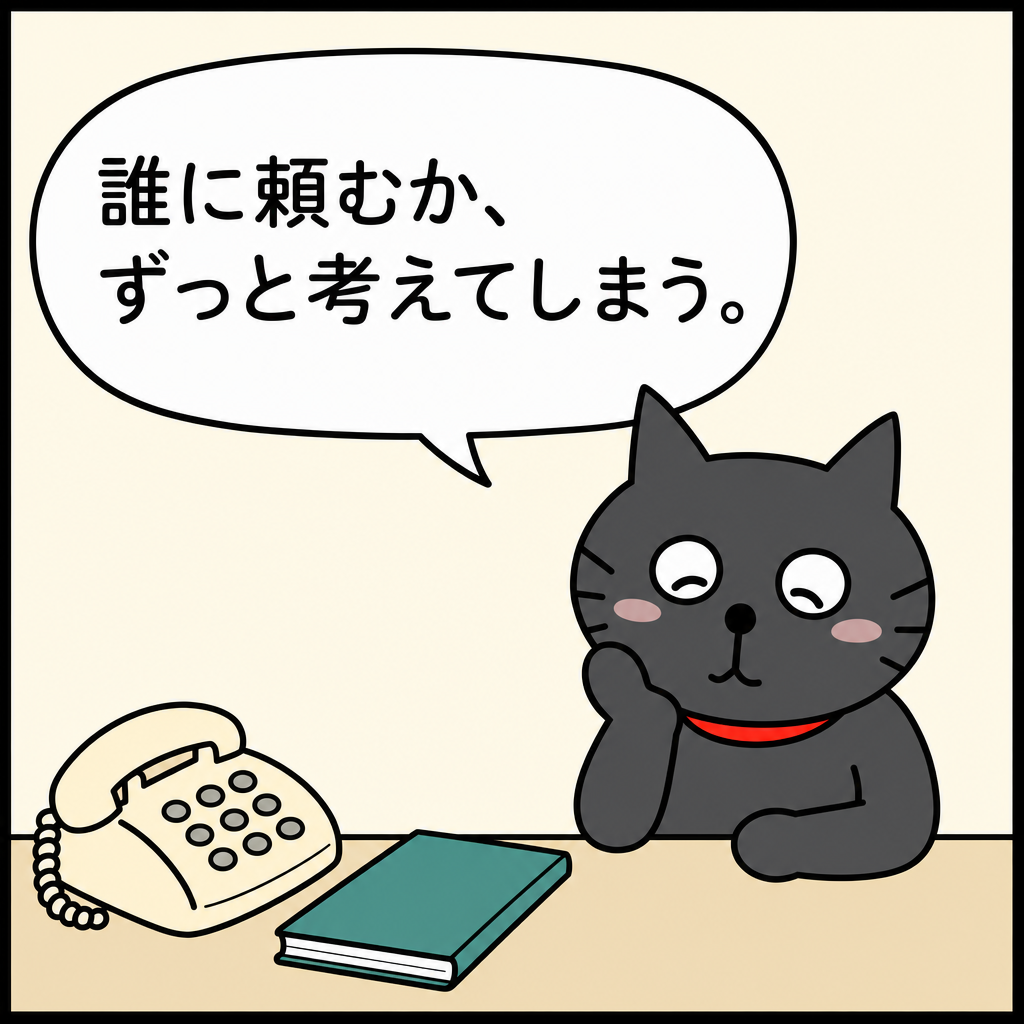「誰に頼むか、ずっと考えてしまう。」と、電話と閉じたノートのそばで考え込む黒猫