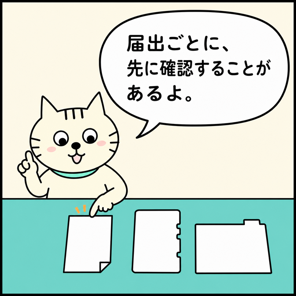 「届出ごとに、先に確認することがあるよ。」と、三種類の届書の形を見比べる白猫