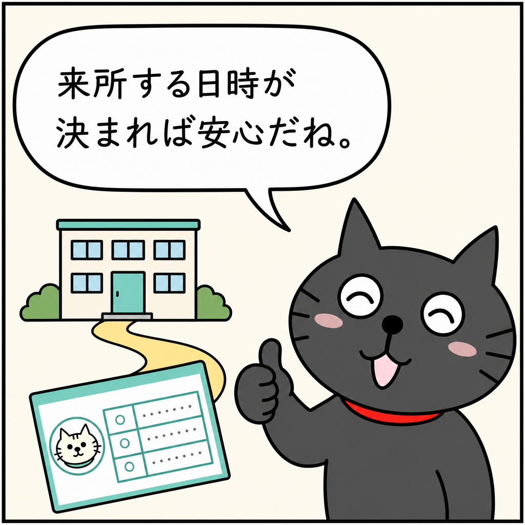「来所する日時が決まれば安心だね。」と、予約カードを手に安心して笑う黒猫