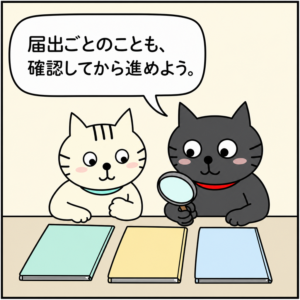 「届出ごとのことも、確認してから進めよう。」と、白猫と並んで三つのフォルダーを確認する黒猫