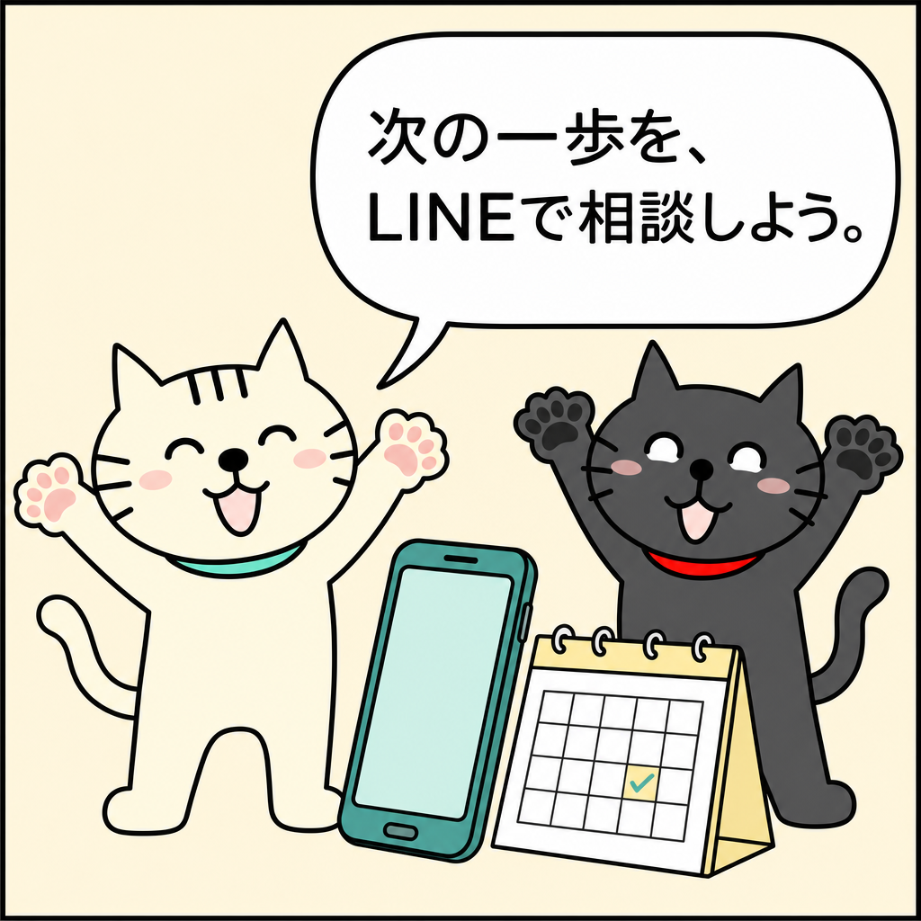 「次の一歩を、LINEで相談しよう。」と、黒猫と一緒に両手を上げて明るく締めくくる白猫
